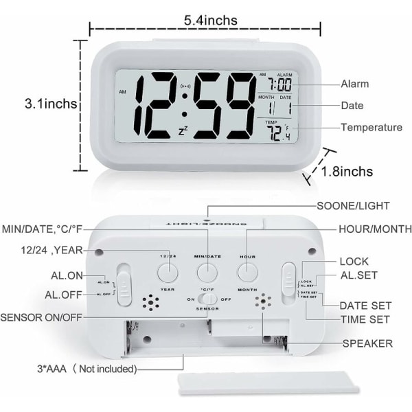 Väckarklocka, Liten Digital Väckarklocka, 5,1\" LCD-skärm med Snooze Datum Kalender, Temperatur Larmskärm, Lätt att Installera (Vit??)