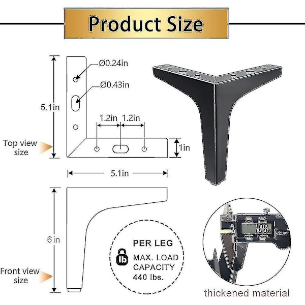 4 stk. Metalmøbelben Mat Sort Sofaben til Sofa Kommode Stol Seng Bord Skab Skab DIY Udskiftning