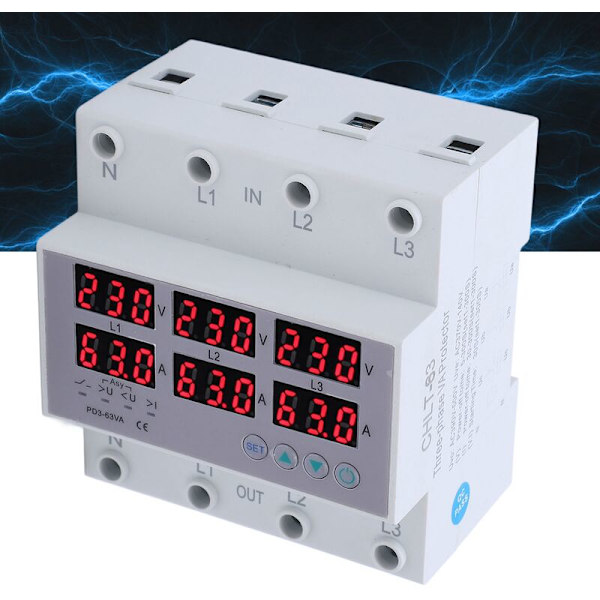 3-fas DIN-skena voltmeter ammeter automatiskt överspännings- och överströmsskydd AC 390-500V (63A)