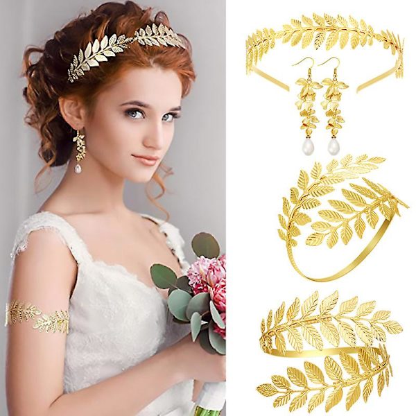 5 st grekiska gudinna kostym accessoarer set för kvinnor gyllene blad hårbåge hårnål örhängen armband blad dinglande örhänge bröllop brudklänning huvudbonad del