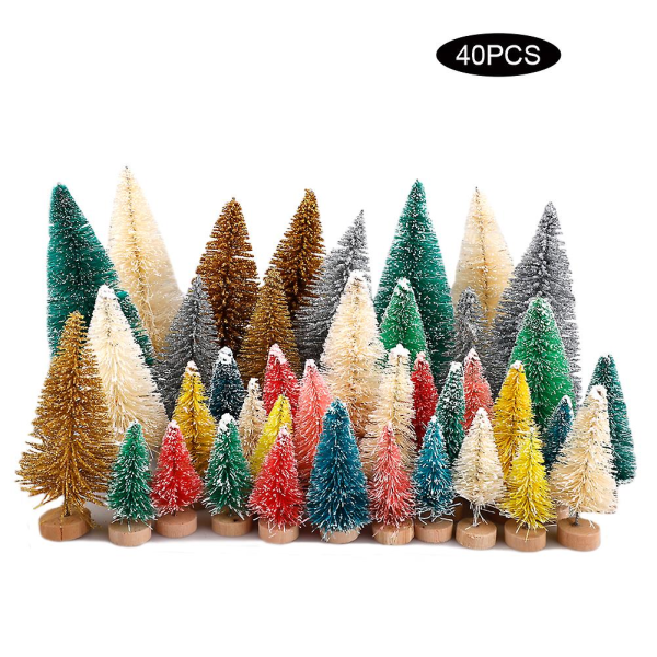 40st Mini Cedar Trees Set Sisal Snow Frost Träd Med Trä Bas Flaska Borst Träd Vinter Bordsskiva Julgranar