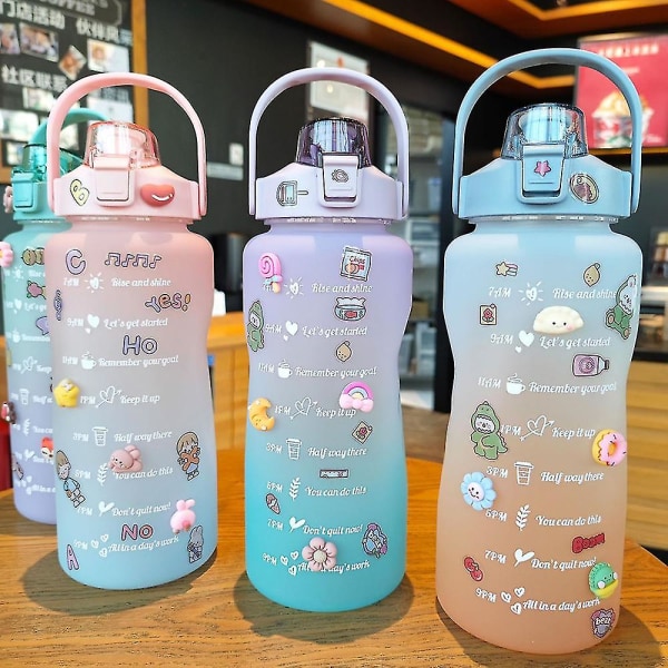 2000ml Gradient Farve Bærbar Vandflaske Med Tidslinje（Pink）