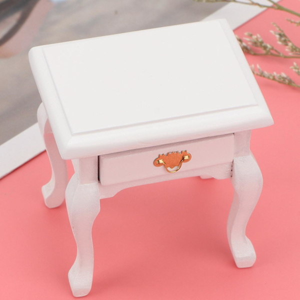 1/12 Dockhus Trä Möbler Miniatyr Vintage Vit Sängbord Nattduksbord Modell