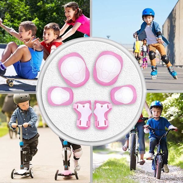 2023 - Set med 6-delade barns knä- och armbågsskydd Barns sparkcykel skyddande överdrag (rosa)