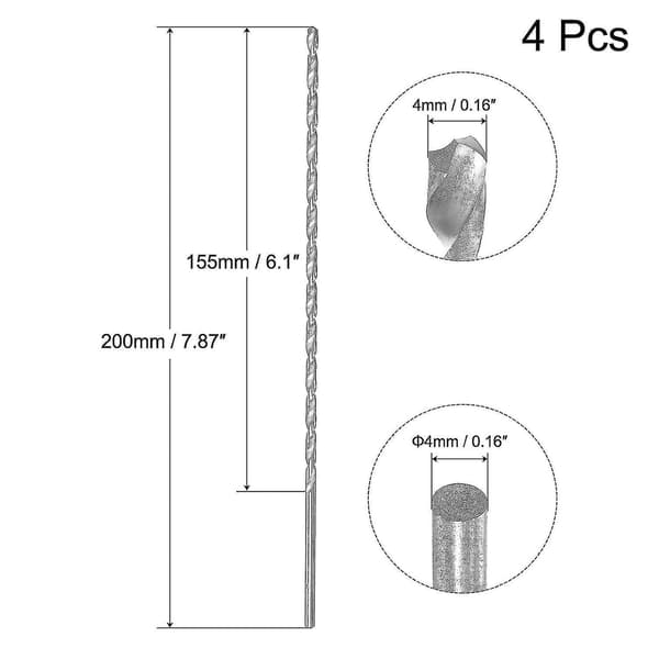 4 stk ekstra lange vriddrillbits diameter 4mm lengde 200mm Hss høyhastighetsstål drillbit