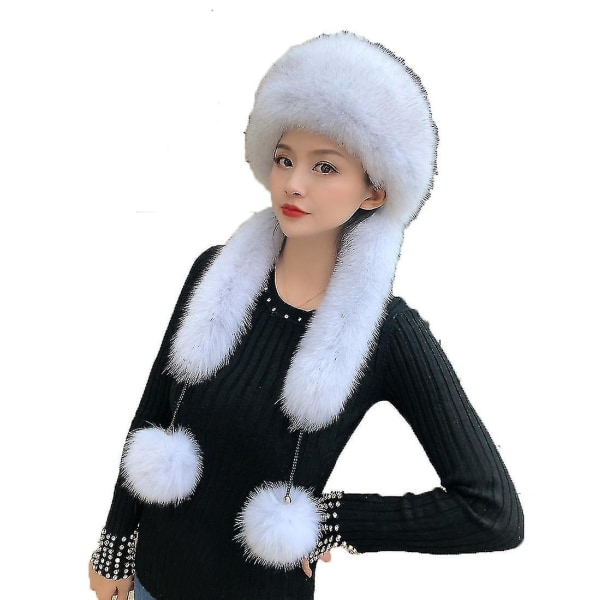 Dame Damer Jenter kosakk russisk stil fuskepelshatt Vinter varm lue Ushanka lue Fluffy Furry Ear Skiing Cap（White 2）