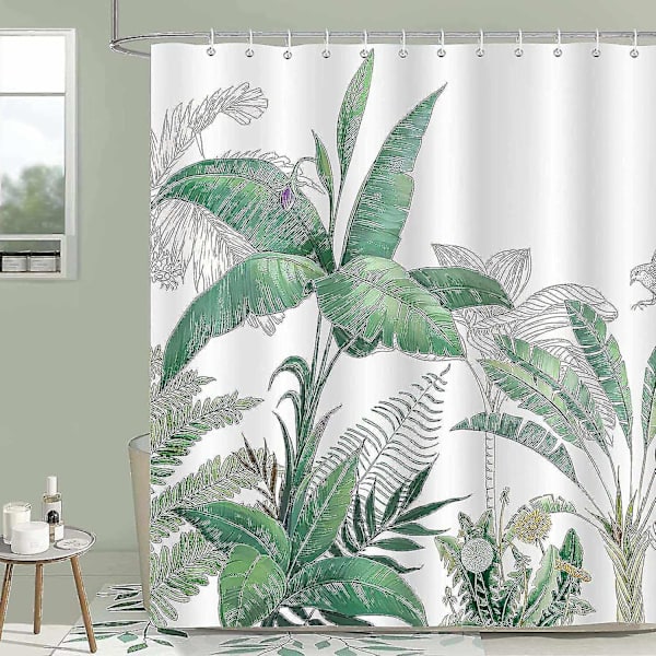 180 x 180 cm med 12 kroge Bruseforhæng Grønne bananblade Tropiske planter Badeforhæng Polyester F