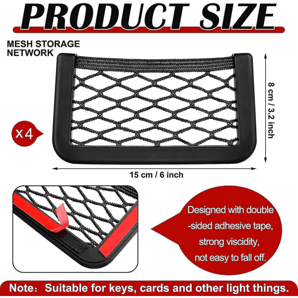 4 stk. bilnettlomme med selvklebende bakside, 6 x 3,2 tommer, nettlomme til bilorganisering, universell bilnettlomme