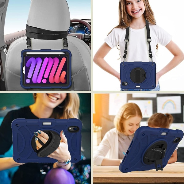 Färgglatt fodral för iPad Mini 6 med axelrem, handrem, justerbart stativ, fallskydd (marinblå)