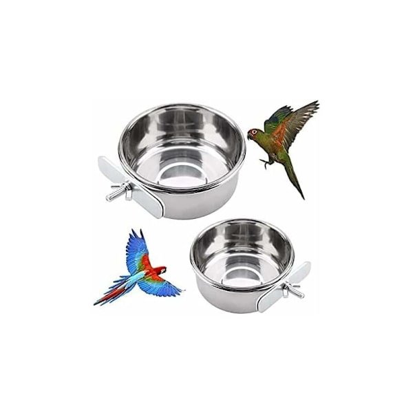 Foderkopp i rostfritt stål för fåglar, vattenkopp, matskål, tillbehör till fågelbur (2-pack)