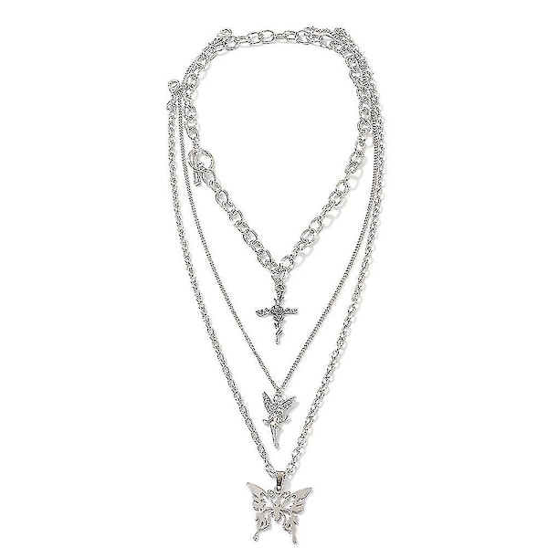 Lagdelt Chunky Kæde Choker Toggle Halskæde Smykkesæt Lagdelt Butterfly Kors Engel Vedhæng Statement Halskæde