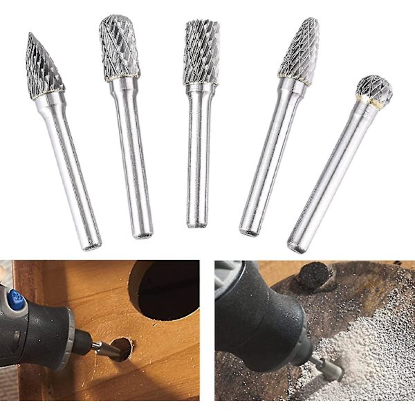 5 kpl sarja 6mm varren volframikarbideja 8mm pää kaksoisleikkaus volframikarbide pyörivä teräsetti metallille puun kaiverrukselle keraamiselle kiillotukselle