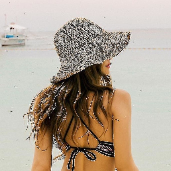 Solhatte til kvinder Foldbar stråhat med bred skygge Sommer strandhat til kvinder pige, One Size,wuzhou