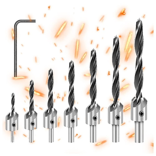 Set med 8 träborr - försänkta träborr - 7 borrstorlekar - 3 mm, 4 mm, 5 mm, 6 mm
