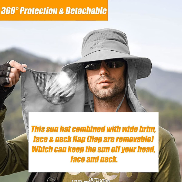 Fiskehatt for menn og kvinner, utendørs Uv-solbeskyttelse Hatt med bred kant med ansiktsdeksel og nakkeklaff（grå）