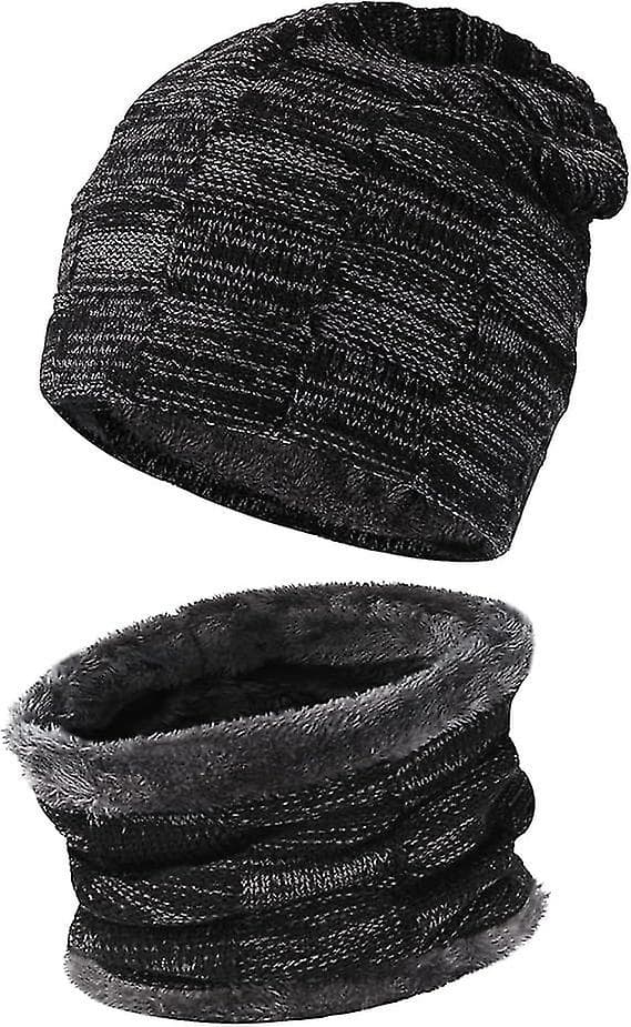 Varm stickad mössa och halsduk set för män, vintermössa med tjock fleecefoder, dammössa och halsduk