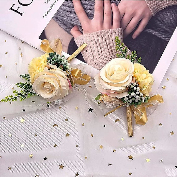 2 stk. Champagner Bryllups Boutonniere, Bryllupsblomst Håndleds Corsage, Brudepiger Håndledsblomst Velegnet