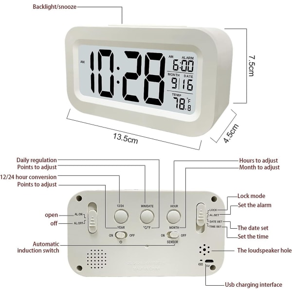 Digital väckarklocka, LED-väckarklocka med temperatur, snooze-funktion, 12/24H-konvertering, kalender, för sovrum, kontor, kök (uppladdningsbar)