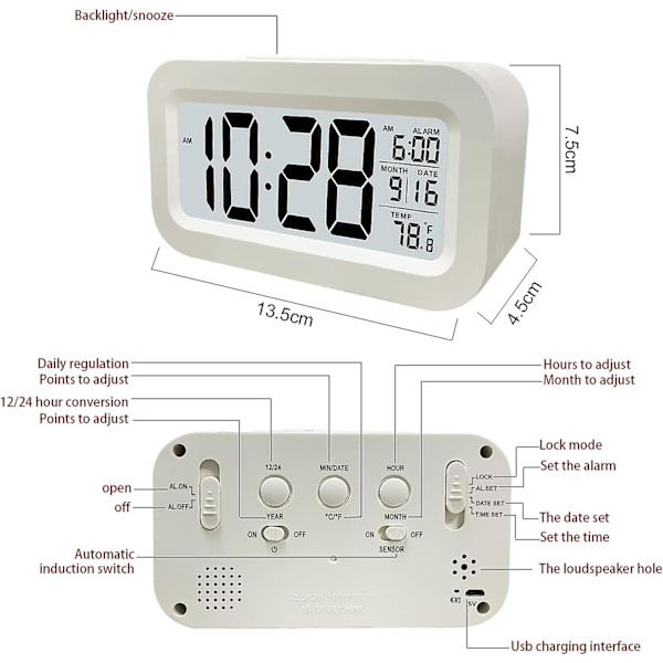 Digitalt vækkeur, LED-vækkeur med temperatur, snooze-funktion, 12/24H-konvertering, kalender, til soveværelse, kontor, køkken (genopladelig)