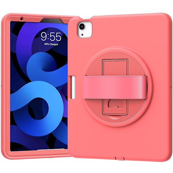 Nytt korallrødt etui for iPad Air4 10,9 tommer med håndstropp, justerbart stativ, pennholder (koralloransje)