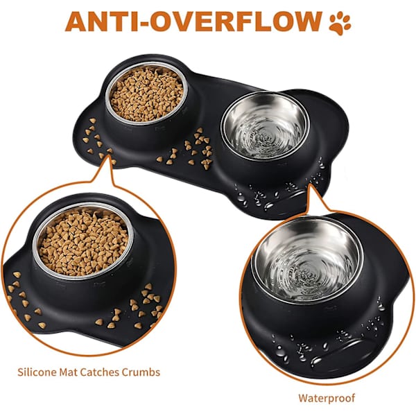Bonve Pet 2x400ml Hund Katt Skål Dubbel Rostfritt Stål Skål Halkskyddad Bas Anti-overflow Anti-spill Silikonmatta