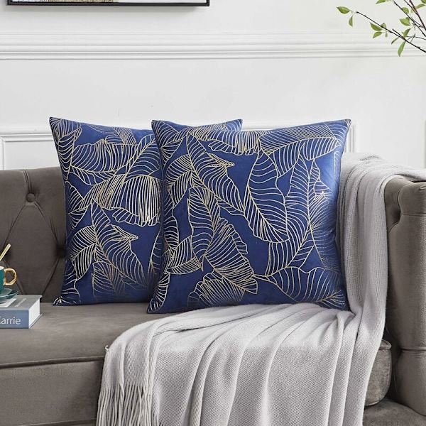 Kuddfodral 45 x 45 cm Sammet Guld Blad Kuddfodral Blå Dekorativ Kuddfodral Överkast Kudde för Soffa Sovrum Vardagsrum Set om 2