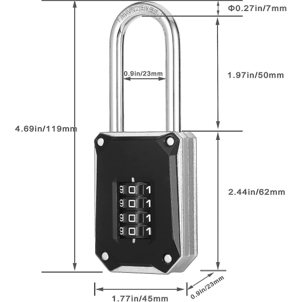 57mm Langskaftet Kombinationshængelås 4-cifret Langt Cifret Kombinationshængelås Heavy Duty Med Stor Hvid Kode Og Nulstil Beskyttende Dæksel (sort/sølv