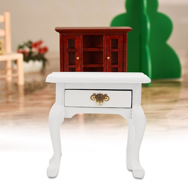 1/12 Dockhus Trä Möbler Miniatyr Vintage Vit Sängbord Nattduksbord Modell