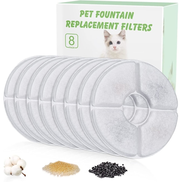 Blomsterfontän kattfilter för 1,6 l filterfontän, husdjursfontän ersättningsfilter med harts och aktivt kol (8-pack)