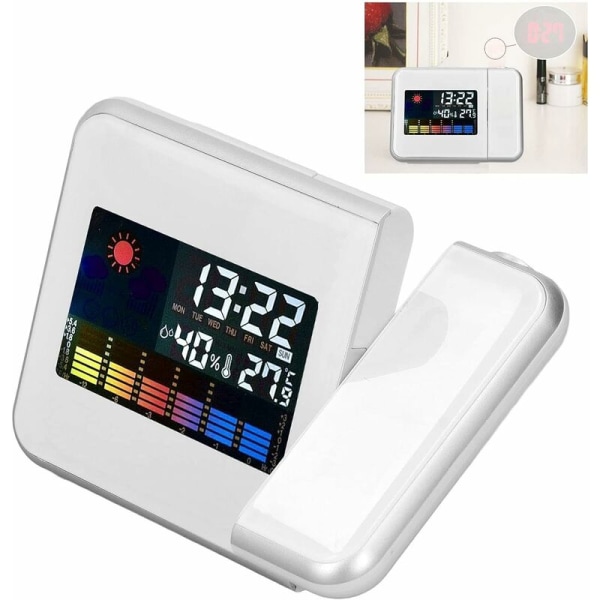 Digital Projektionsväckarklocka med temperaturhygrometer Tid Datum LCD-display Klocka - med USB-kabel Vit