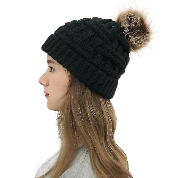 Dame Valentines Day lue Varm strikket ull tykk lue med hestehale hull knapp Beanie blandinger for masker holder（Svart）