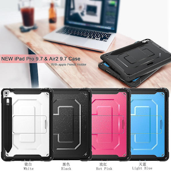 Blank yta fodral för iPad Pro 9.7 tum Air 2 med justerbart stativ, bikakevärmeavledning design, fullständigt skyddande fodral