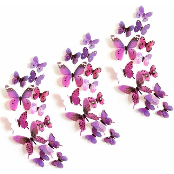 36st 3D fjärilsdekaler Lila fjärilsdekorationer/dekorativa fjärilar väggdekaler Sovrum Vuxna flickor Fjärilsdekoration väggdekorationer