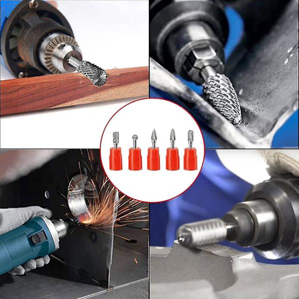 5-pack 6 mm skaft volframkarbidborrar 8 mm huvud dubbelskuren volframkarbid roterande borr set för metall trägravering keramisk polering