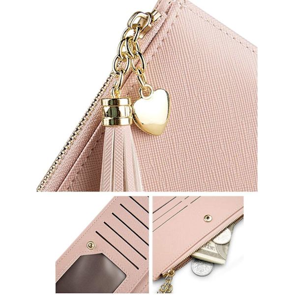 Smal plånbok för kvinnor, damer läder tunn koppling dragkedja plånbok telefon plånbok kortfodral arrangör tofs (rosa)