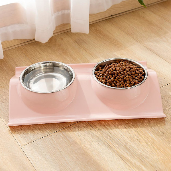 Hunde- og katteskåle i rustfrit stål, dobbeltskåle til kæledyr, chassis uden spild, mad- og vandautomat til katte og små hunde (pink)