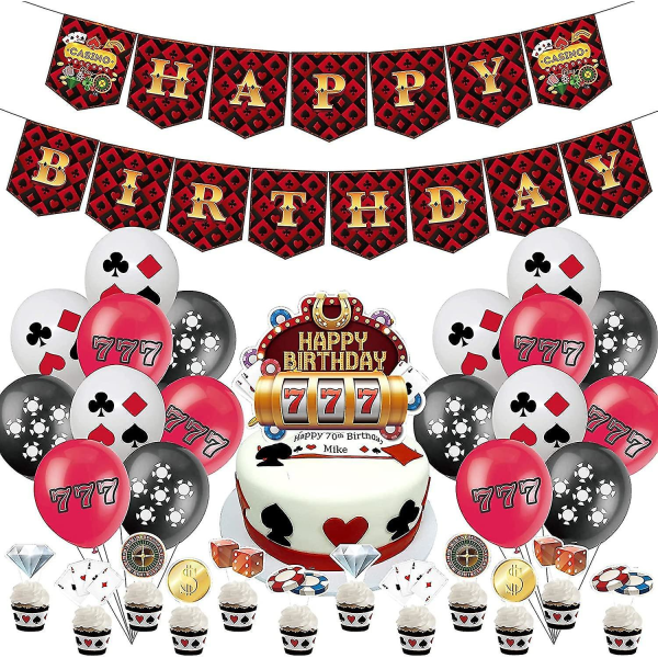 Casino Las Vegas Festdekorationer Casino Poker Magic temadekoration, Grattis på födelsedagen Banner, Svart Vit Röd Latexballong, Cupcake Topper Happy Bir