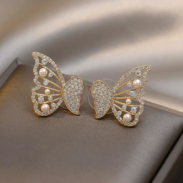 Søte og elegante perle diamant sommerfugl øredobber for jenter damer (2 par)