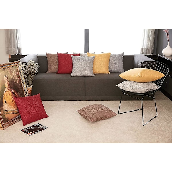 Set med 2 røde putetrekk i rustikt lin, dekorative firkantede pynteputer 18x18 tommer for sofa- og sofadekorasjon