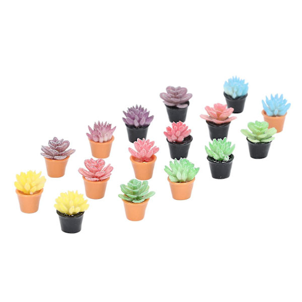 16 stk. dukkehuspotteplanter i harpiks, 1:12 skala, naturtro utseende, levende, rike farger, miniatyrplanter for 1:12 dukkehus