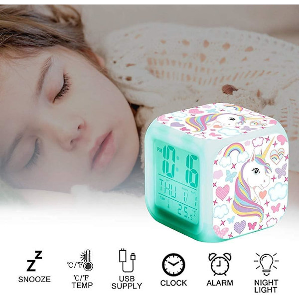 Enhjørning digital alarmklokke, 7 fargeskiftende LED LCD-kube med lys Barnas alarmklokke, nattbord bursdagsgave Jente gutt Dame soverom Voksen (u