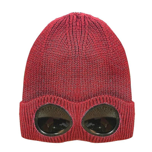 Unisex Goggle Beanie Hat Knitted Winter Thick Warm Outdoor Sports Beanie Ski Hat（Wine red）