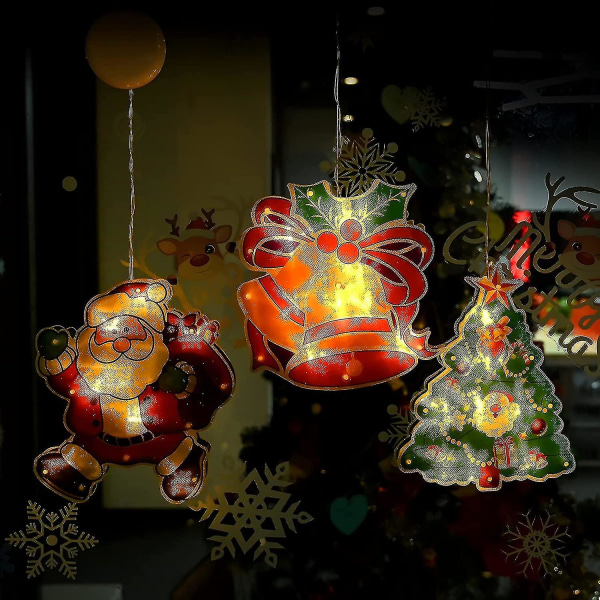Juldekorationsljus, 3 stycken Led hängande fönsterljus med sugkopp Batteridriven julgransklockor Stjärnor jullanseringsljus för