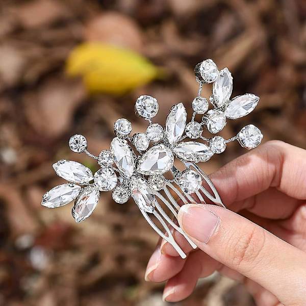 Kristall brud bröllop hårkam hårtillbehör med strass brud sidokammar för kvinnor och flickor (en silver)