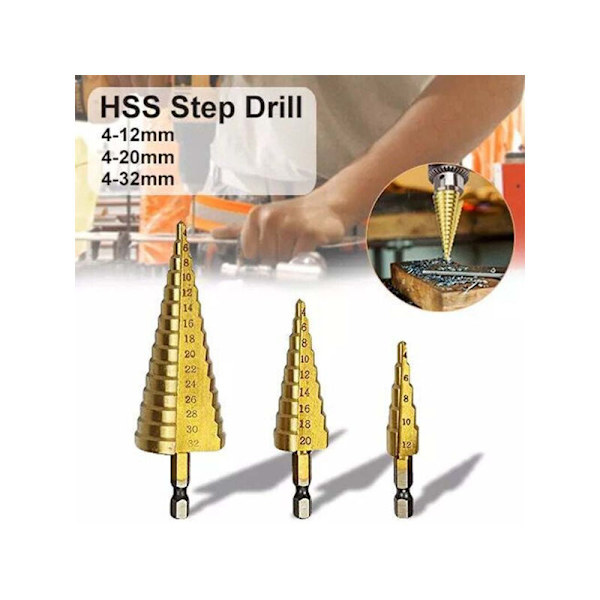 3 st professionella HSS-hexagonala titanstålsstegborrbitsar i metall, borrskärverktygssats, hålskärare 4-12/20/32 mm
