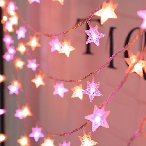 Indoor Star Fairy Lights With Pink Leds Clear Cable Plug In 5m(1pc, White)