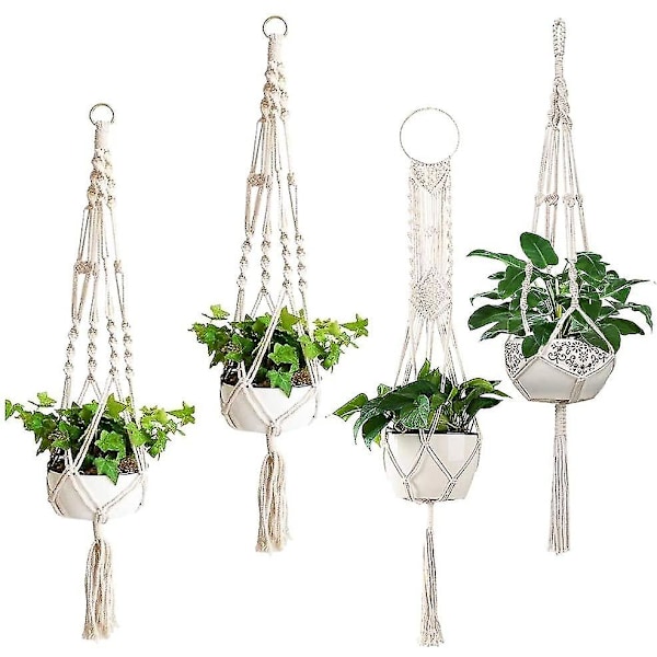 Macrame-växtupphängningar, set med 4 inomhusupphängda krukor, handgjord upphängningsbar växtkruka - 43 tum, 4 ben