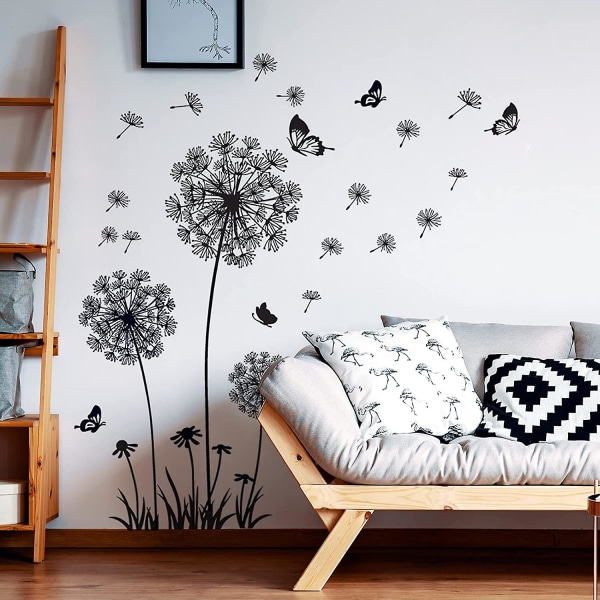 Seinätarra DANDELION FLOWERS musta (165x130 cm) I perhonen kasvit oksa puu I itseliimautuva seinätarra olohuoneeseen makuuhuoneeseen keittiöön toimistoon