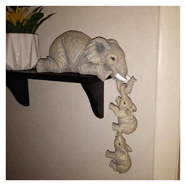 Dekorativ elefantprydnad, elefantstaty, dekorativ staty elefant och 2 babyelefanter, elefant dekorativ skulptur prydnad, brun grön