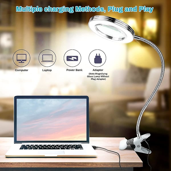 Förstoringslampa med LED-ljus, 360 flexibel skrivbordslampa med metallklämma USB-driven